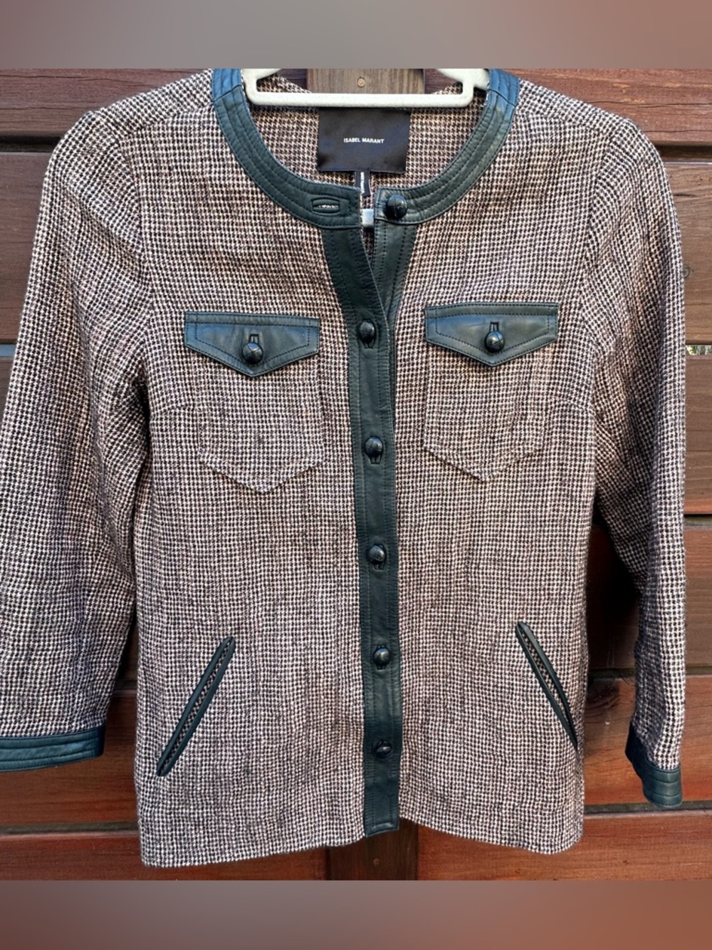 Isabel Marant Wool Tweed Jacket with Lambskin Black Leather Trim